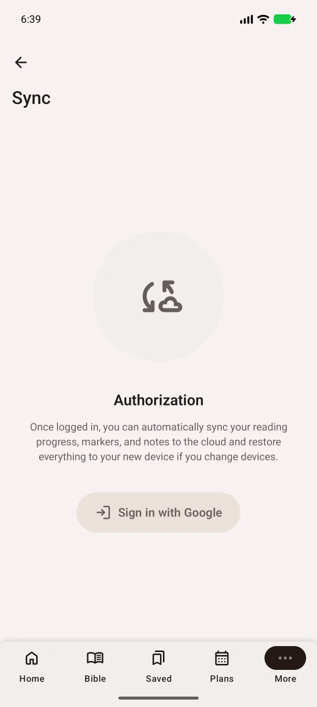 Avant connexion : le bouton Google ouvre le choix du compte. L’état de synchronisation apparaît ensuite.