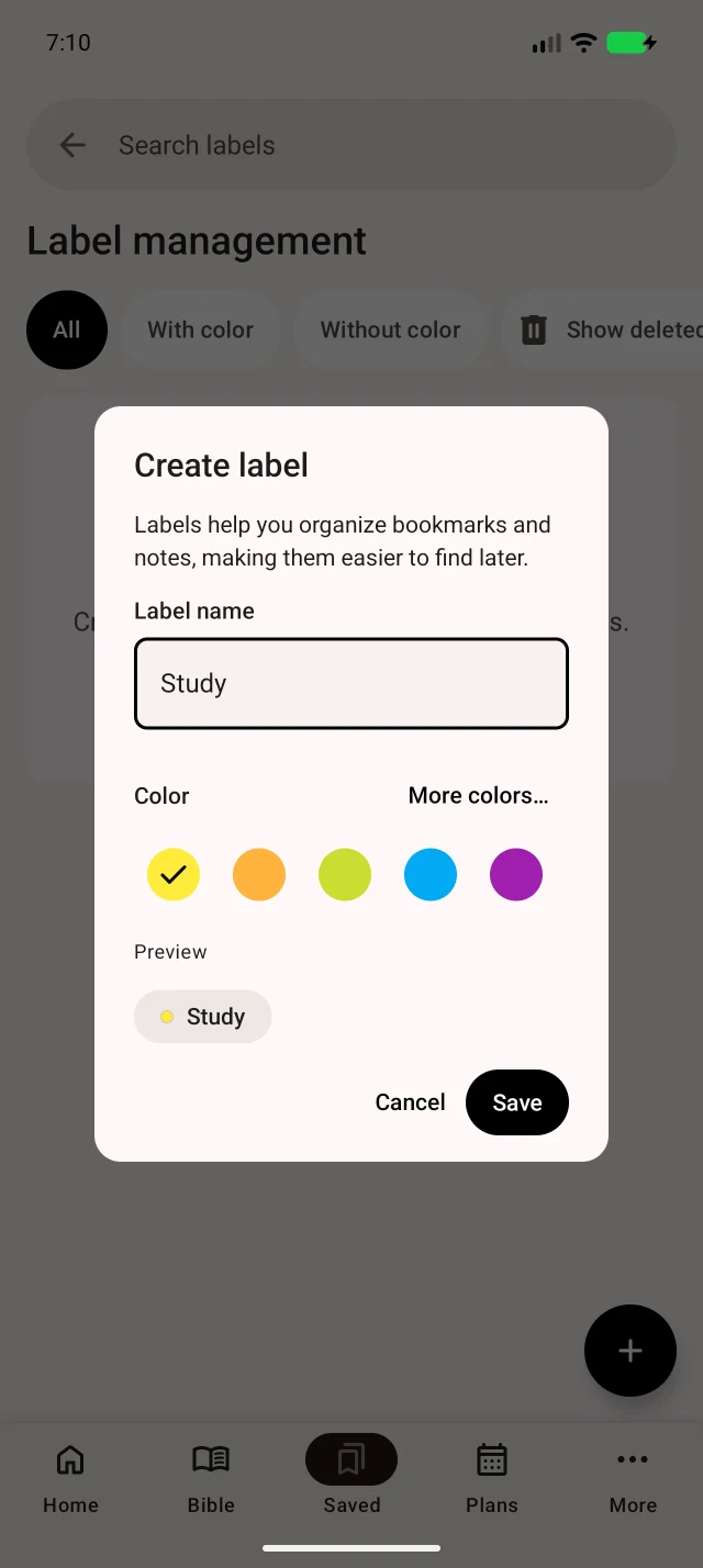 Choisissez nom et couleur. L’exemple crée l’étiquette Study.