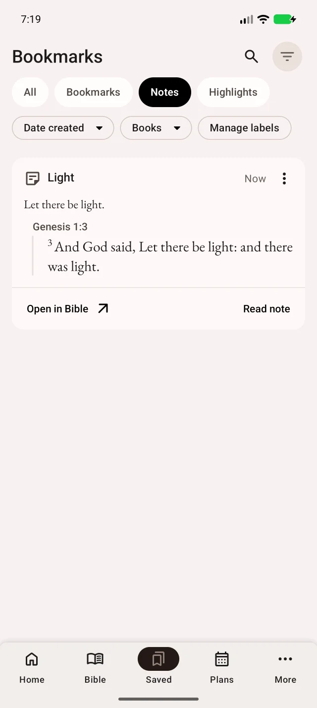 La note Light apparaît dans la liste. Vérifiez son titre et son passage.