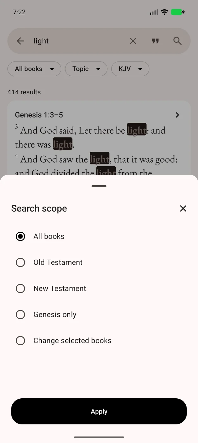 The search-scope filter limits books. Restore all books first if there are no results.
