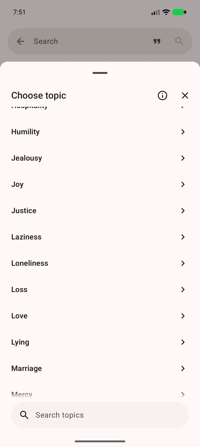 The topic list opens from the search filter. Choose the topic matching your question.