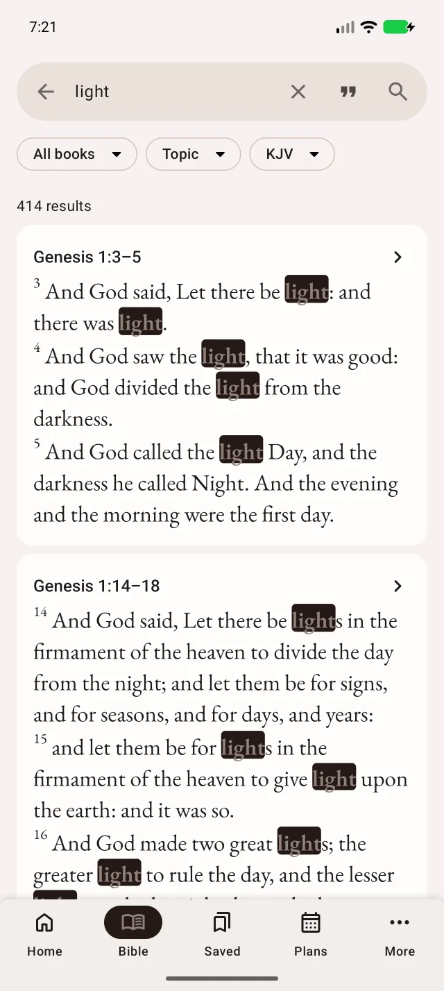 The example searches for light in English KJV. Results show passages and their Bible references.