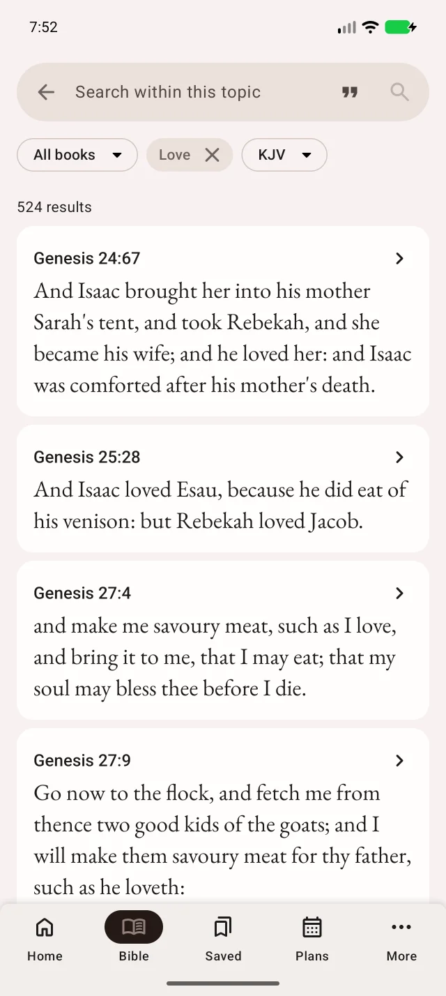 Results for Love. Each passage has a reference for opening the surrounding chapter.