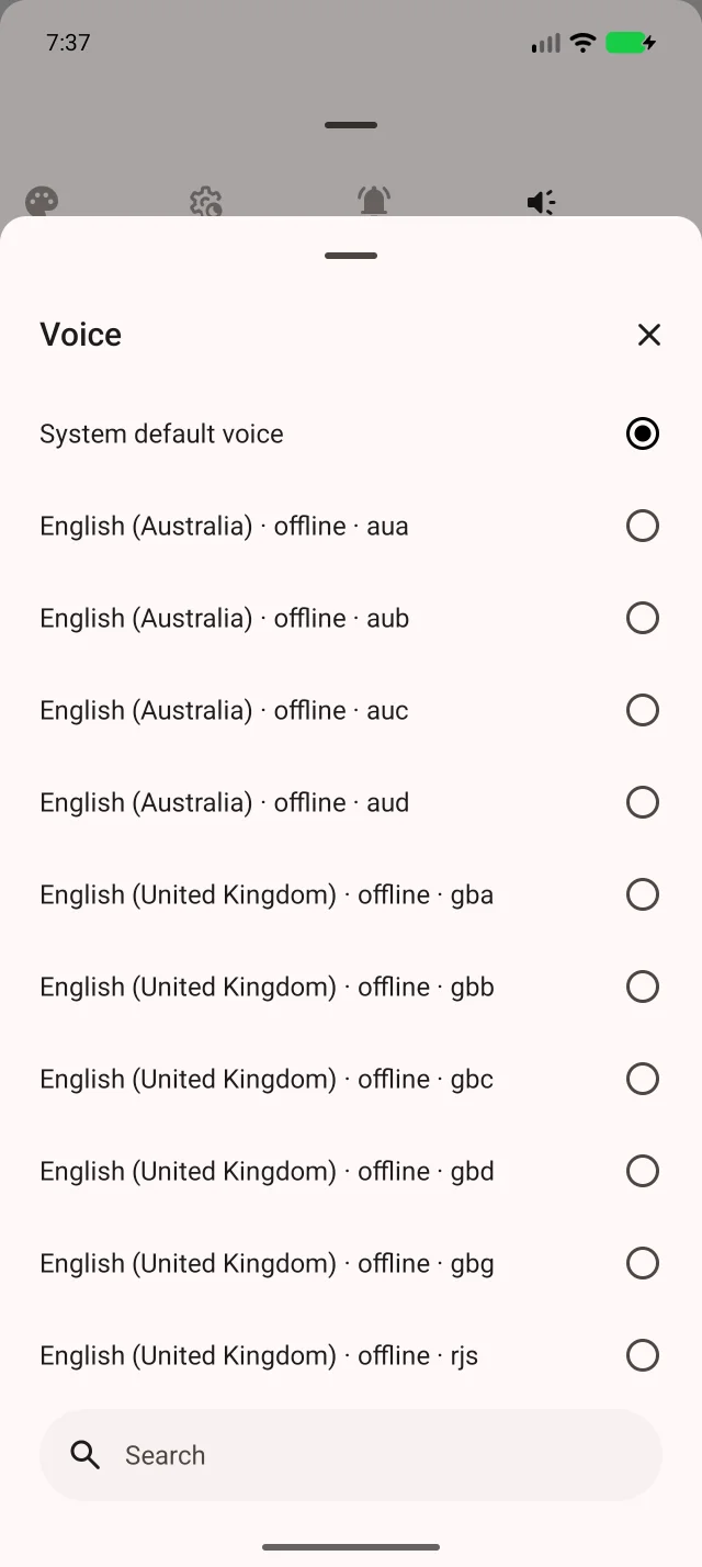 La liste dépend des données vocales Android. L’exemple propose des voix anglaises pour KJV.