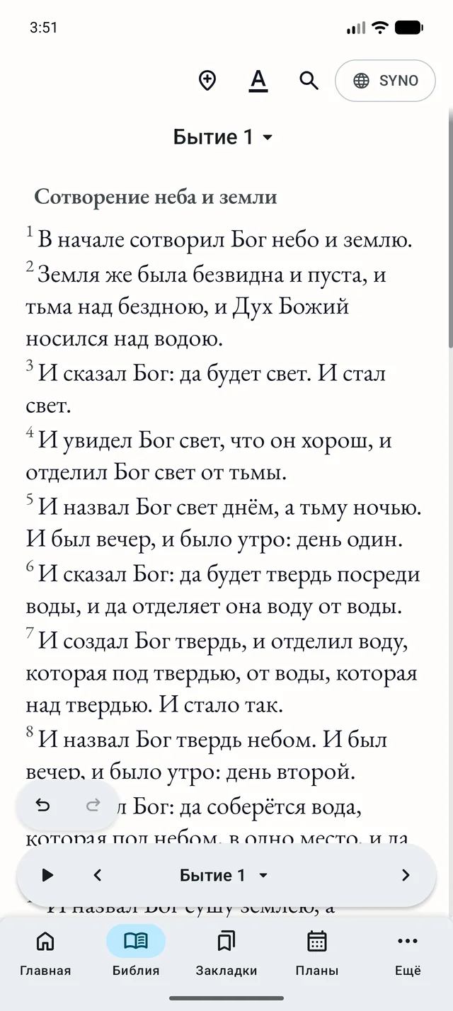 Экран чтения: Бытие 1, настройки текста и нижняя панель управления