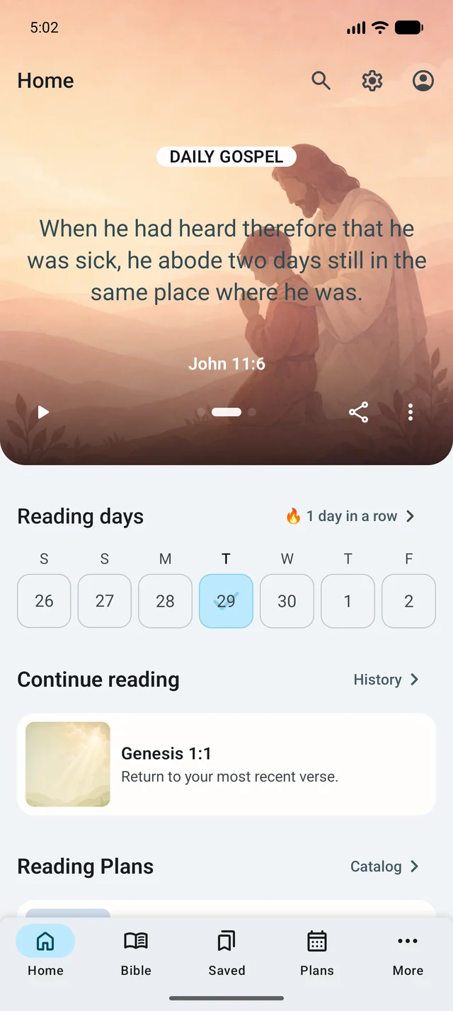 Accueil avec le passage du jour, le calendrier d’activité et la reprise de lecture, dans l’interface en anglais