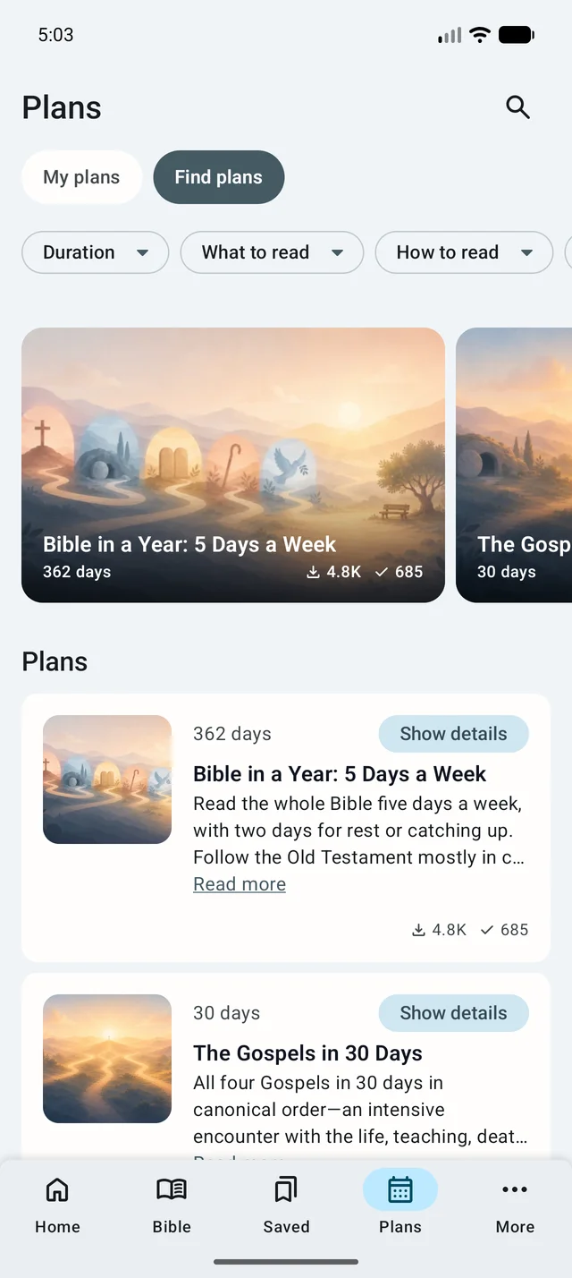 Catalogue de plans de lecture avec couvertures, descriptions et filtres, dans l’interface en anglais